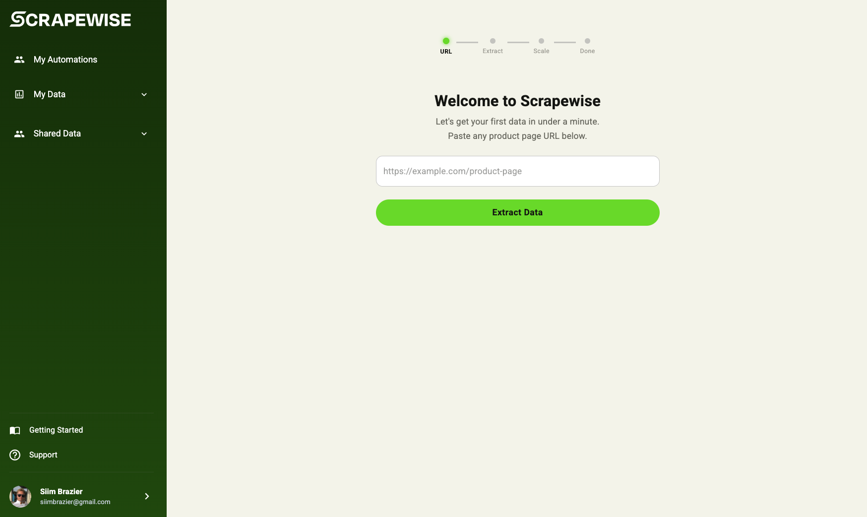 Scrapewise — Welcome screen with URL input